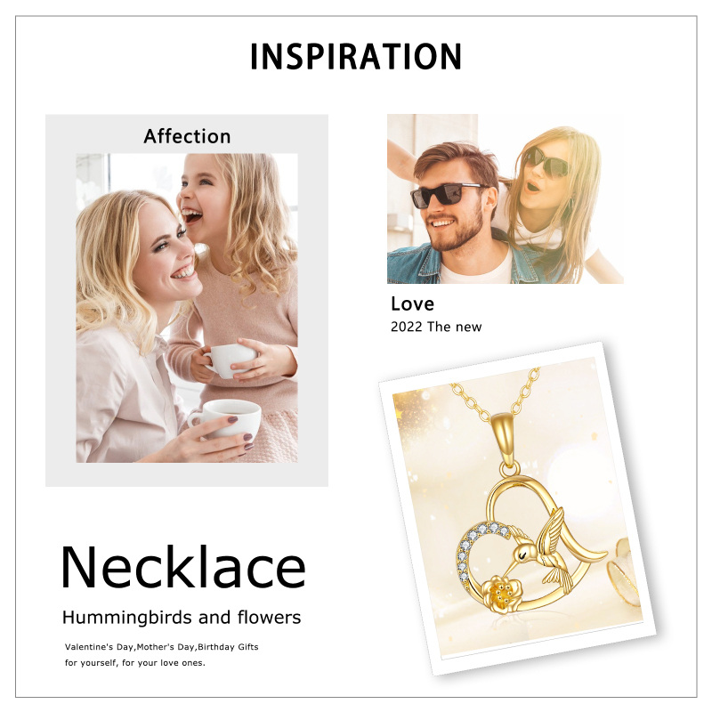 10K Gold Cubic Zirconia Hummingbird Flower & Heart Pendant Necklace-5