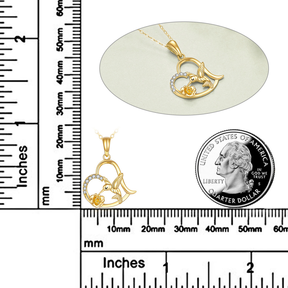 10K Gold Cubic Zirconia Hummingbird Flower & Heart Pendant Necklace-6
