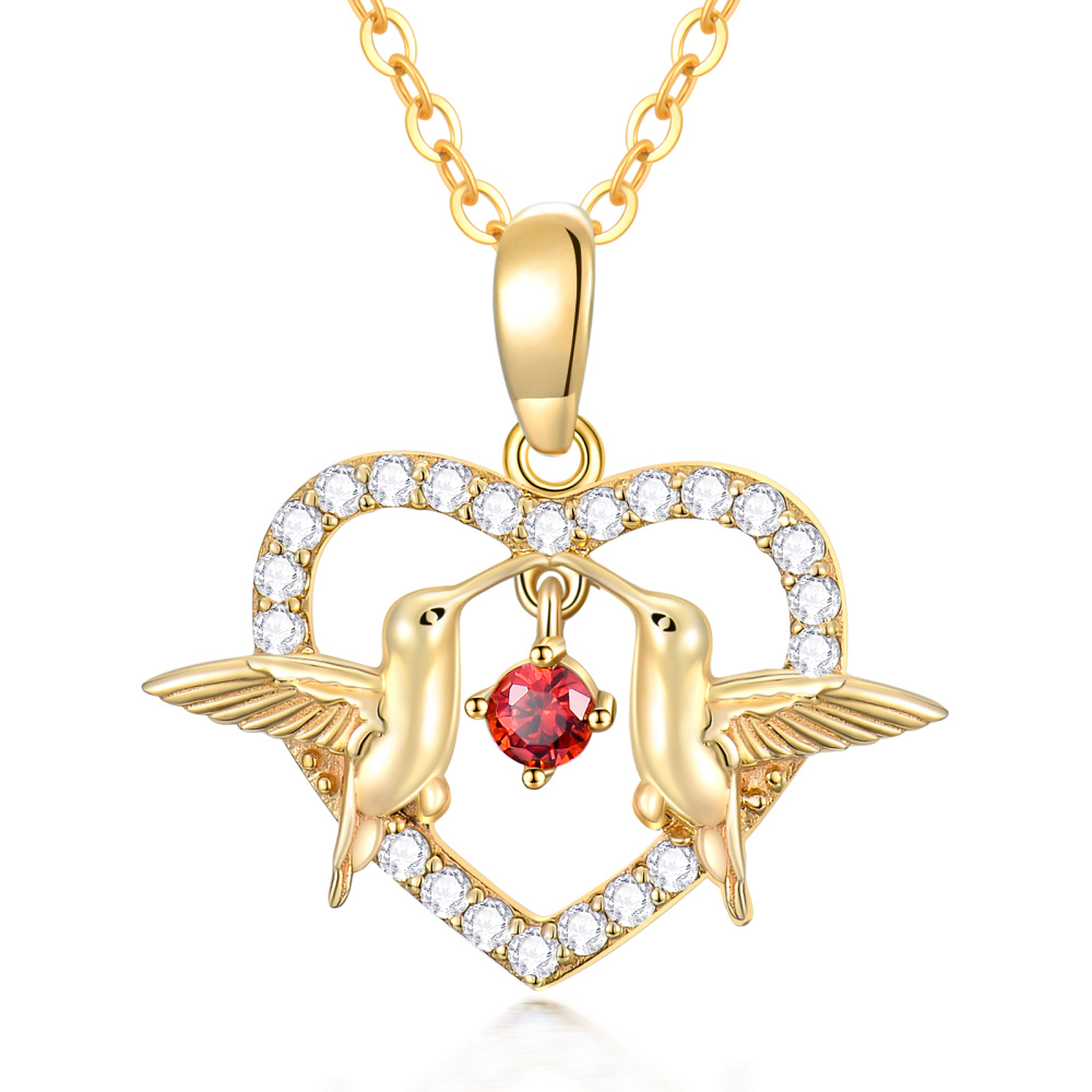 Collier avec pendentif cœur colibri en or 14 carats et zircone cubique-1