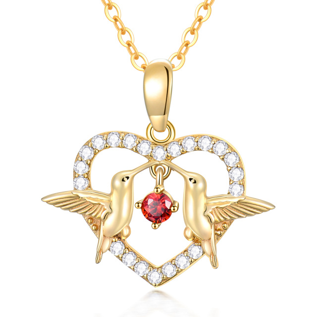 Collana con ciondolo a forma di cuore di colibrì con zirconia cubica in oro 14K