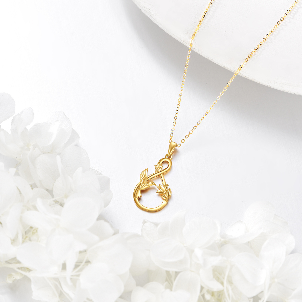 Colar com pingente símbolo do infinito em ouro 14K e beija-flor-3