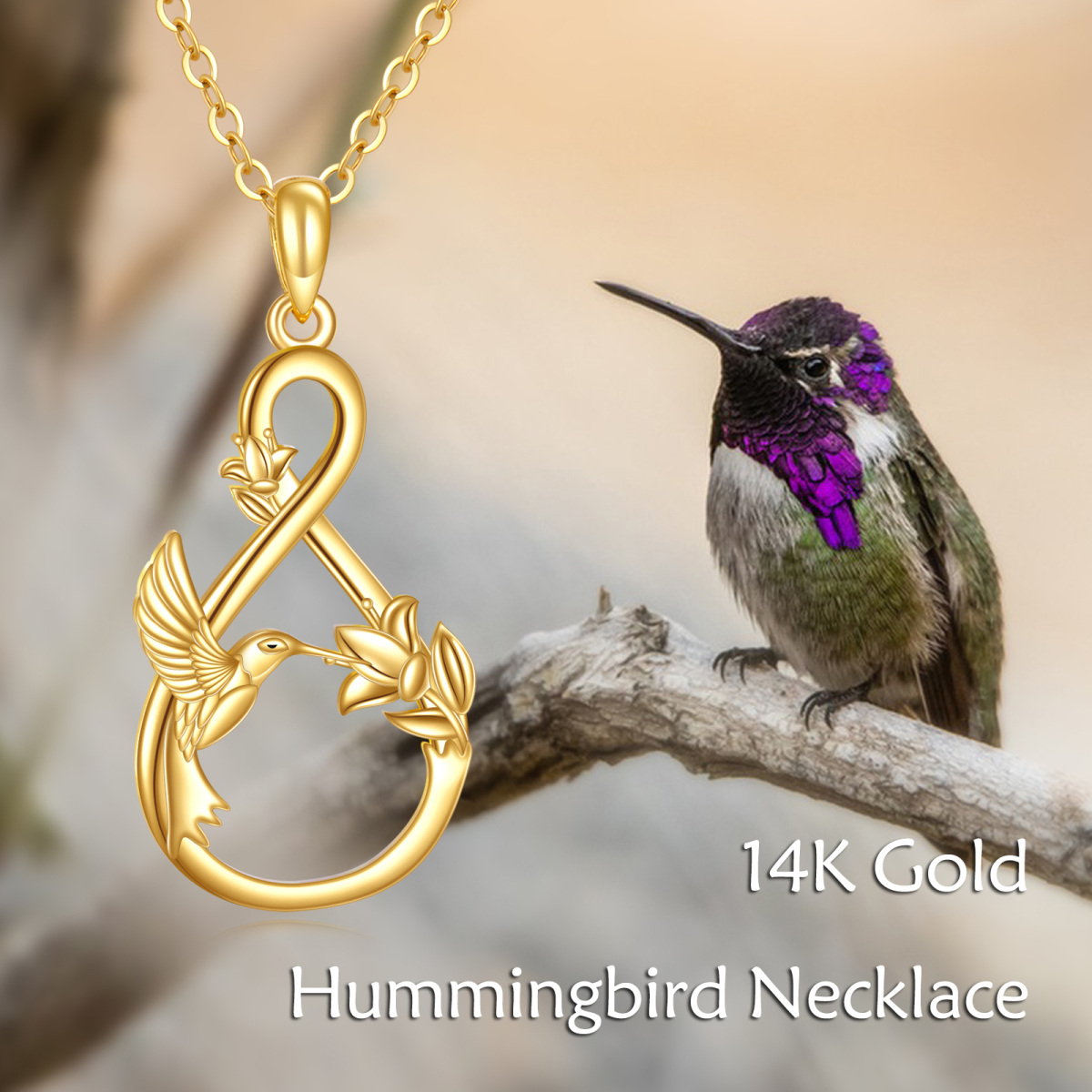 10K Gold Hummingbird & Infinity Symbol Pendant Necklace-6