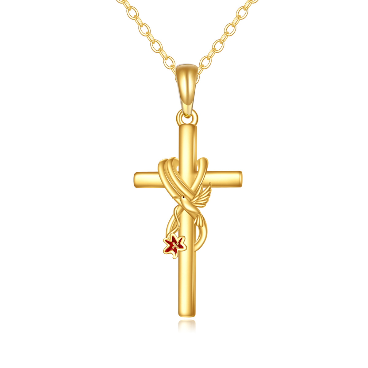 14K Gold Cross Hummingbird & Lily Necklace For Women-1