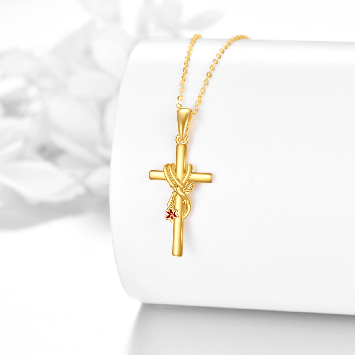 14K Gold Cross Hummingbird & Lily Necklace For Women-3