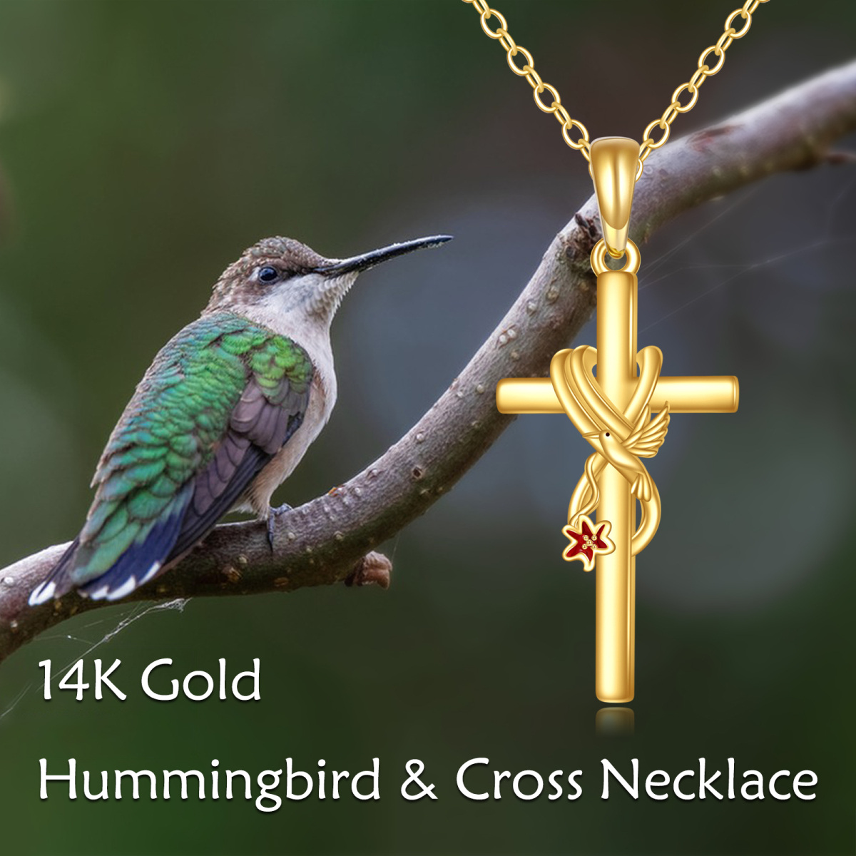 14K Gold Cross Hummingbird & Lily Necklace For Women-6