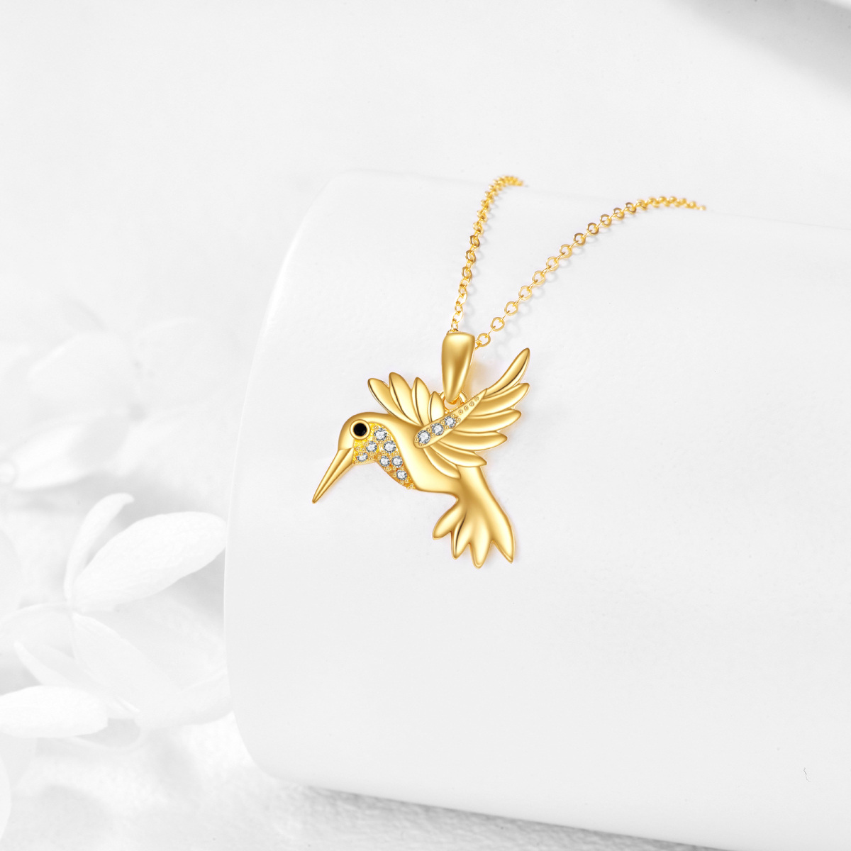 18K Gold Cubic Zirconia Hummingbird Pendant Necklace-3