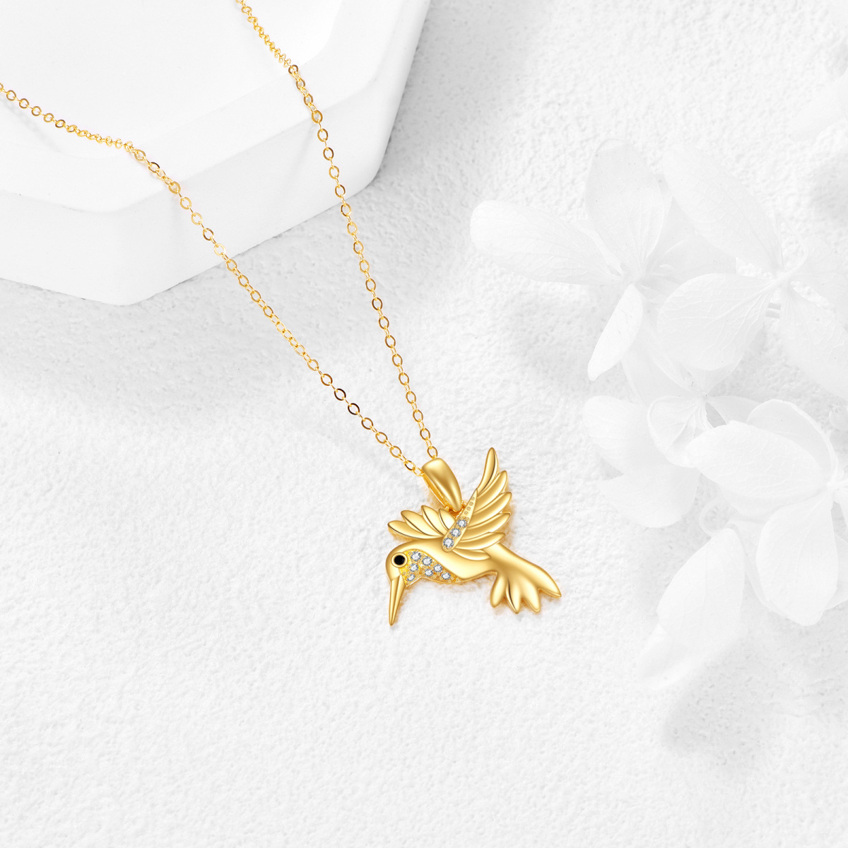 18K Gold Cubic Zirconia Hummingbird Pendant Necklace-4