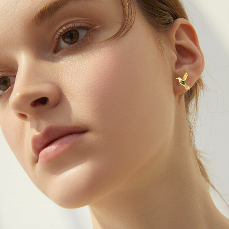 Pendientes de colibrí con circonitas cúbicas y oro de 14 quilates-3