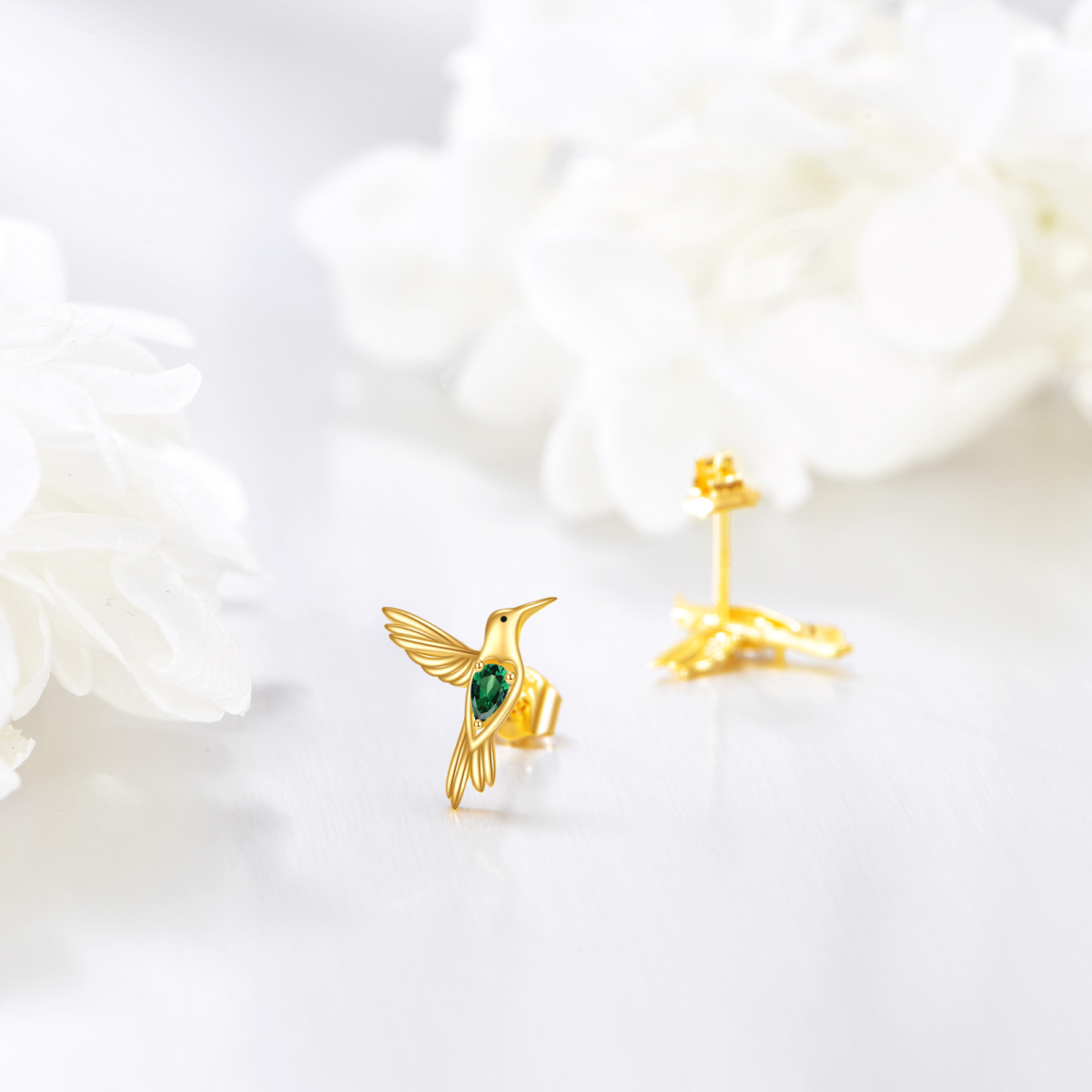 Aretes de colibrí con circonita cúbica en oro de 14 quilates-4