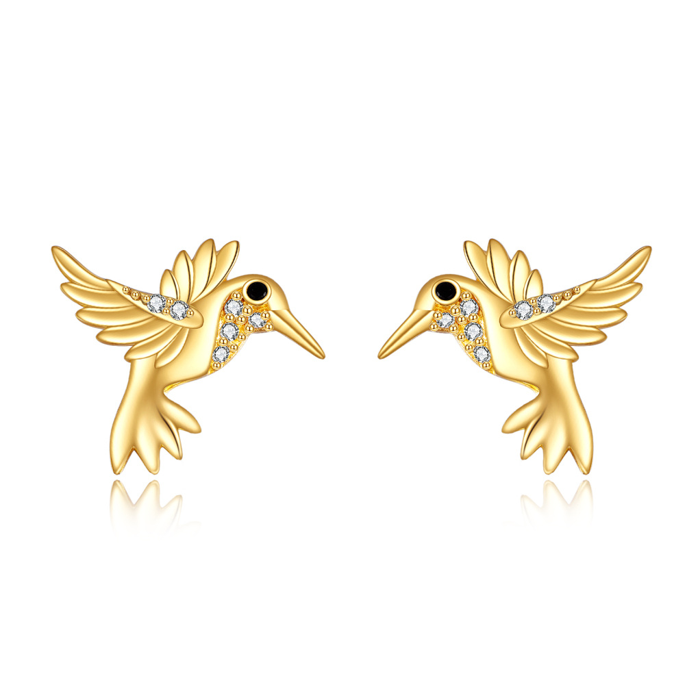 10K Gold Cubic Zirconia Hummingbird Stud Earrings-1