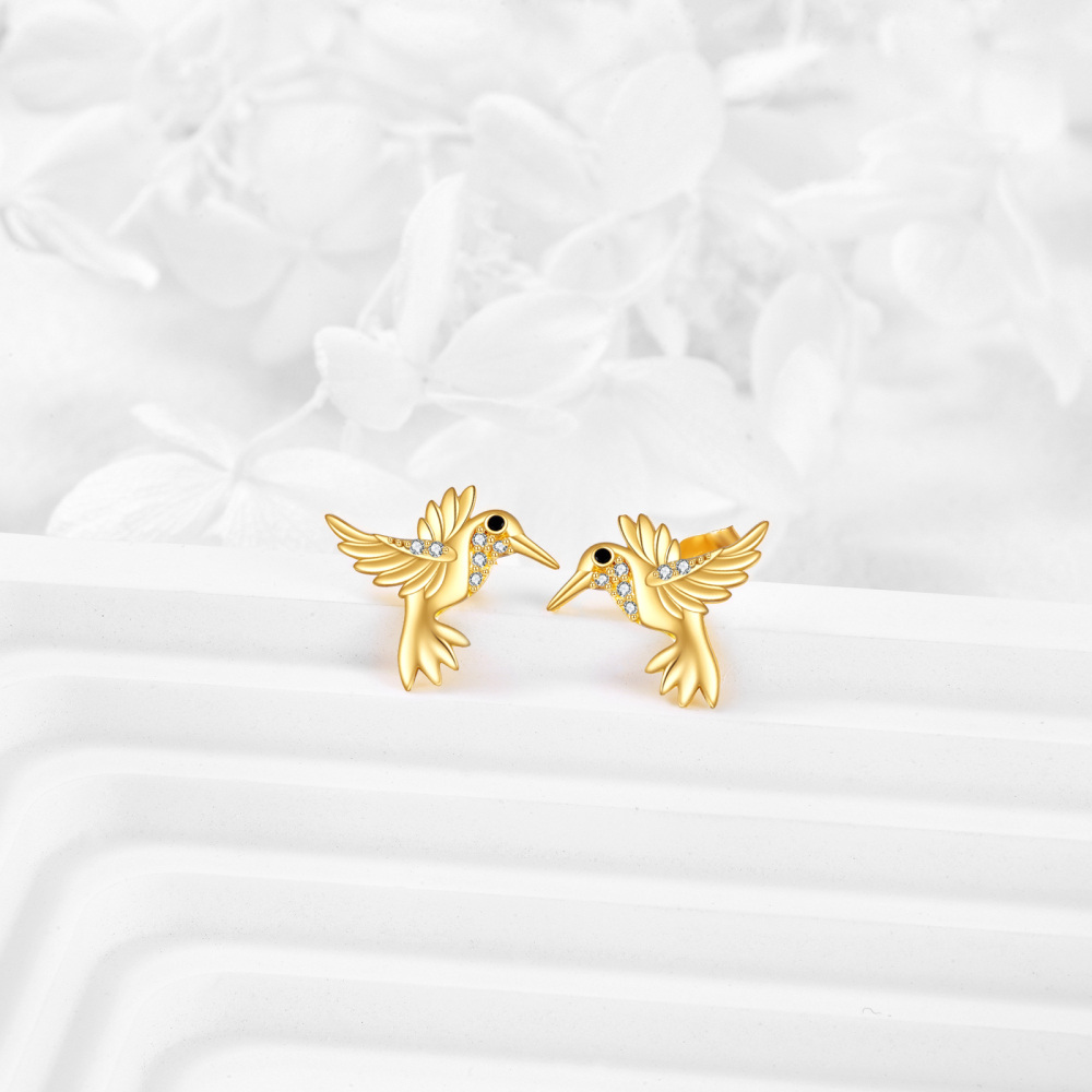 10K Gold Cubic Zirconia Hummingbird Stud Earrings-3