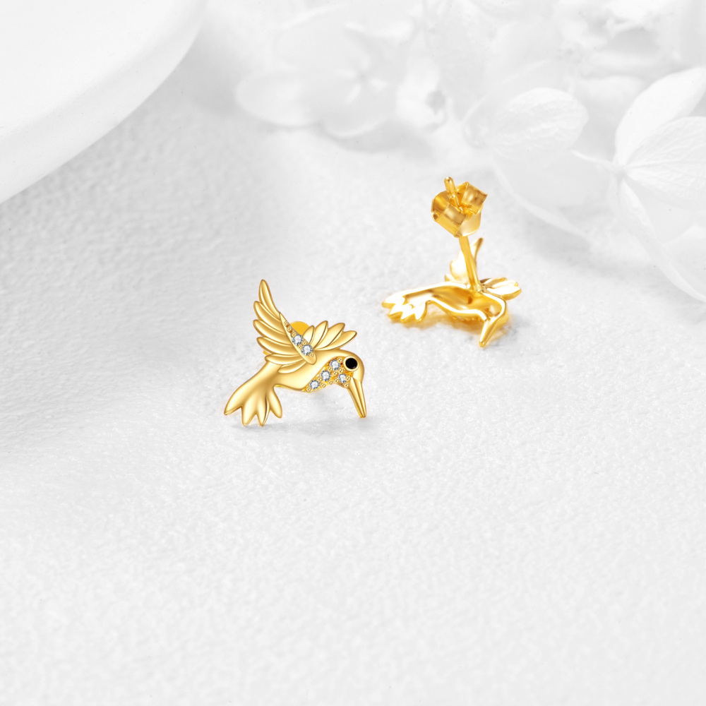 10K Gold Cubic Zirconia Hummingbird Stud Earrings-4