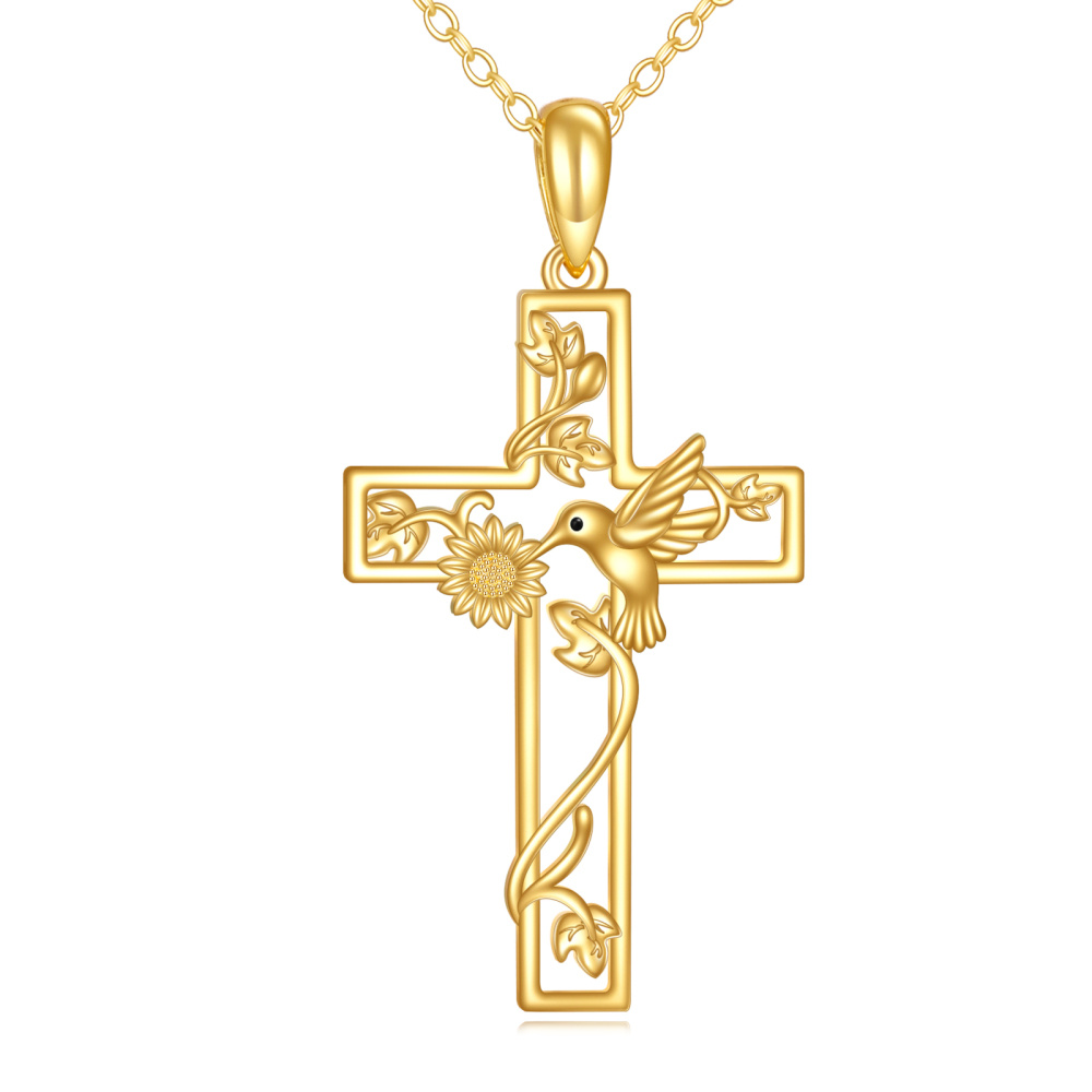 Colar com pingente de cruz de girassol e beija-flor em ouro 10K-1