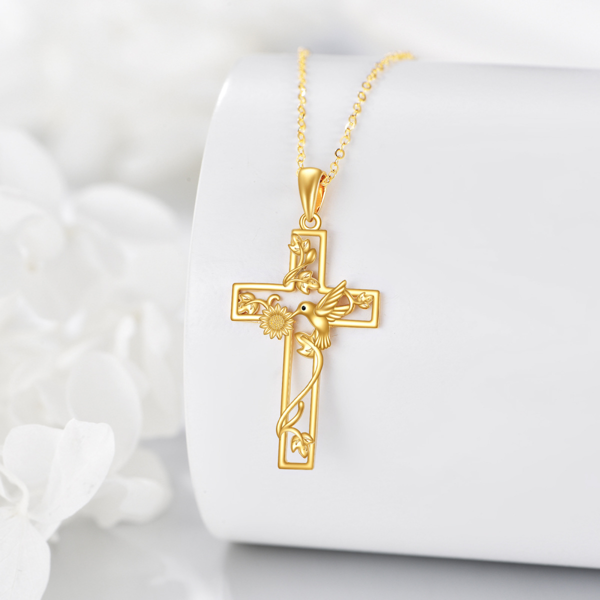 14K Gold Hummingbird & Sunflower & Cross Pendant Necklace-3