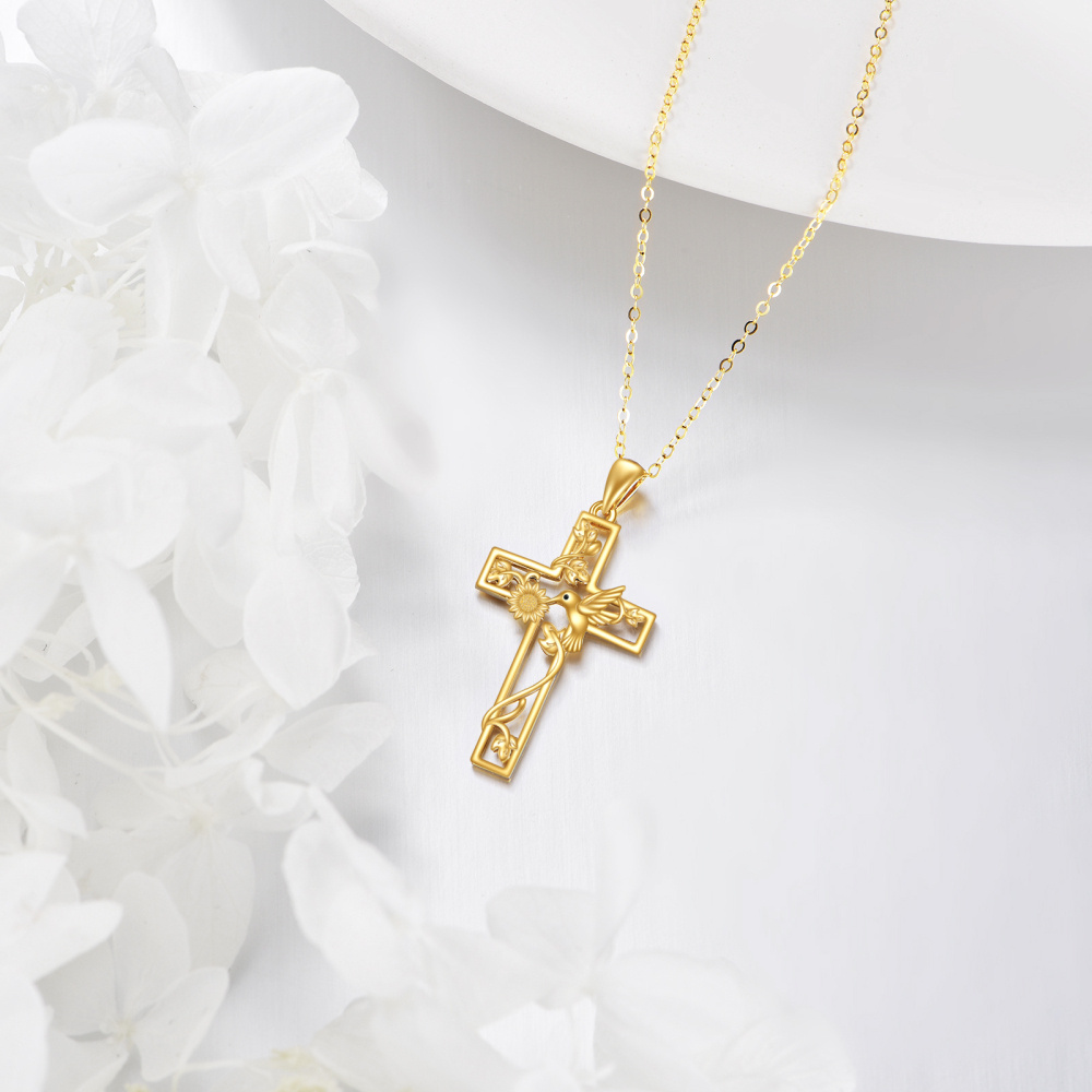 Colar com pingente de cruz de girassol e beija-flor em ouro 10K-4
