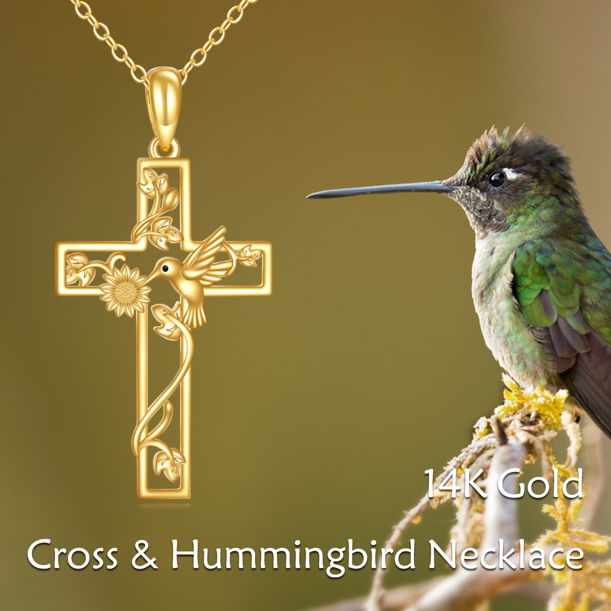 18K Gold Hummingbird & Sunflower & Cross Pendant Necklace-6