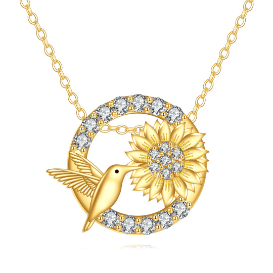 14Kゴールド キュービックジルコニア ハミングバード＆ヒマワリペンダントネックレス