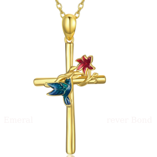 14K Gold Hummingbird & Wildflowers & Cross Pendant Necklace-5