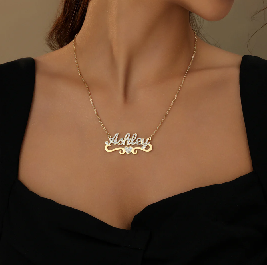 14K Gold Iced Heart Custom Name Necklace-2