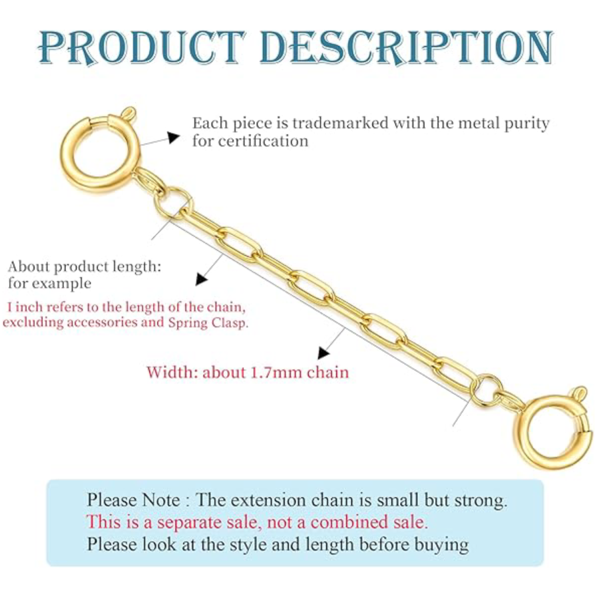 14K Gold 5 Inches Paper Clip Chain With Double Spring Buckle Extender Chain-2