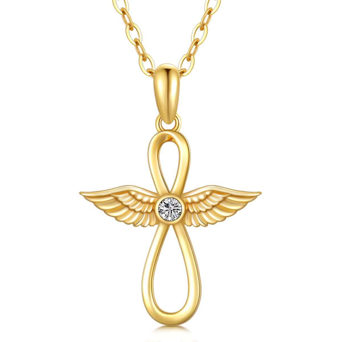 10K Gold Cubic Zirconia Infinite Symbol & Angel Wings Pendant Necklace-1