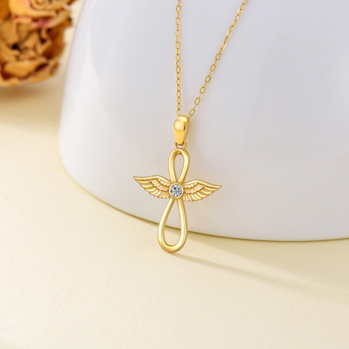 Collana con ciondolo a forma di ali d'angelo con simbolo dell'infinito e zirconi cubici in oro 14K-3