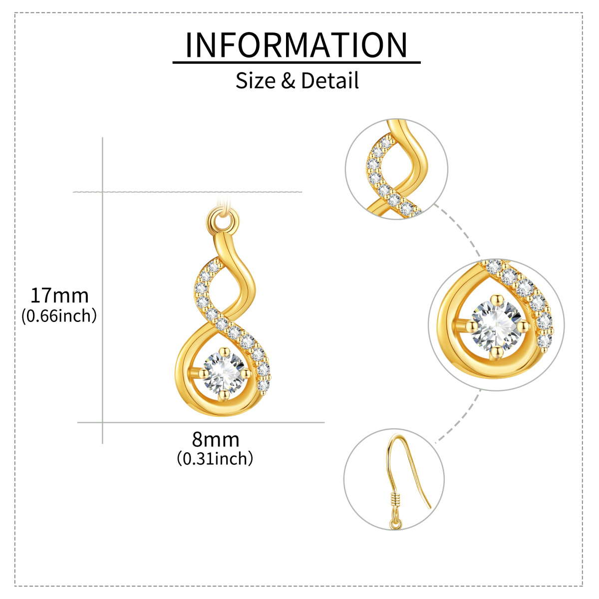 10K Gold Cubic Zirconia Infinity Symbol Drop Earrings for Women-6