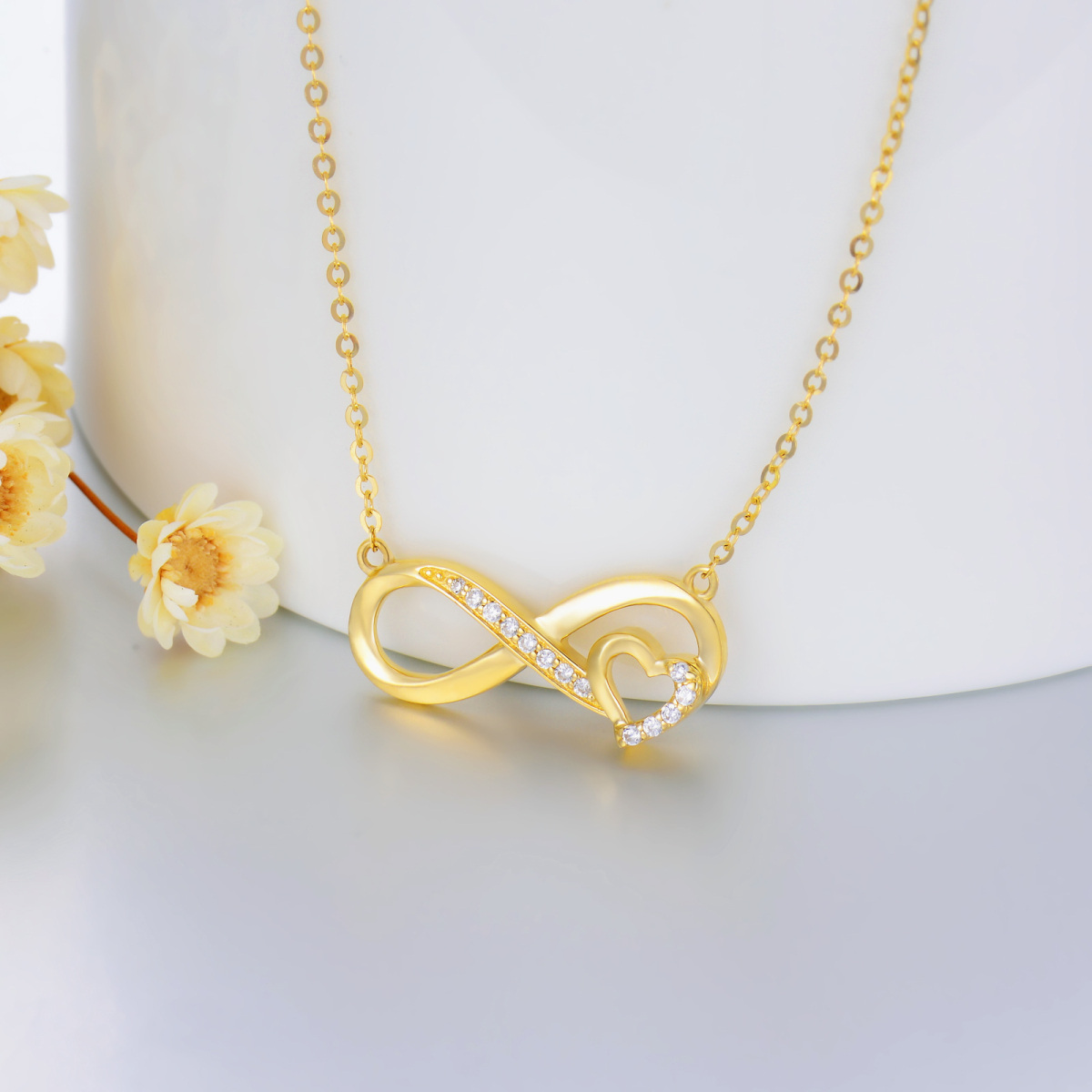 Collana con ciondolo a cuore e simbolo dell'infinito in oro 14K con zirconia cubica-3