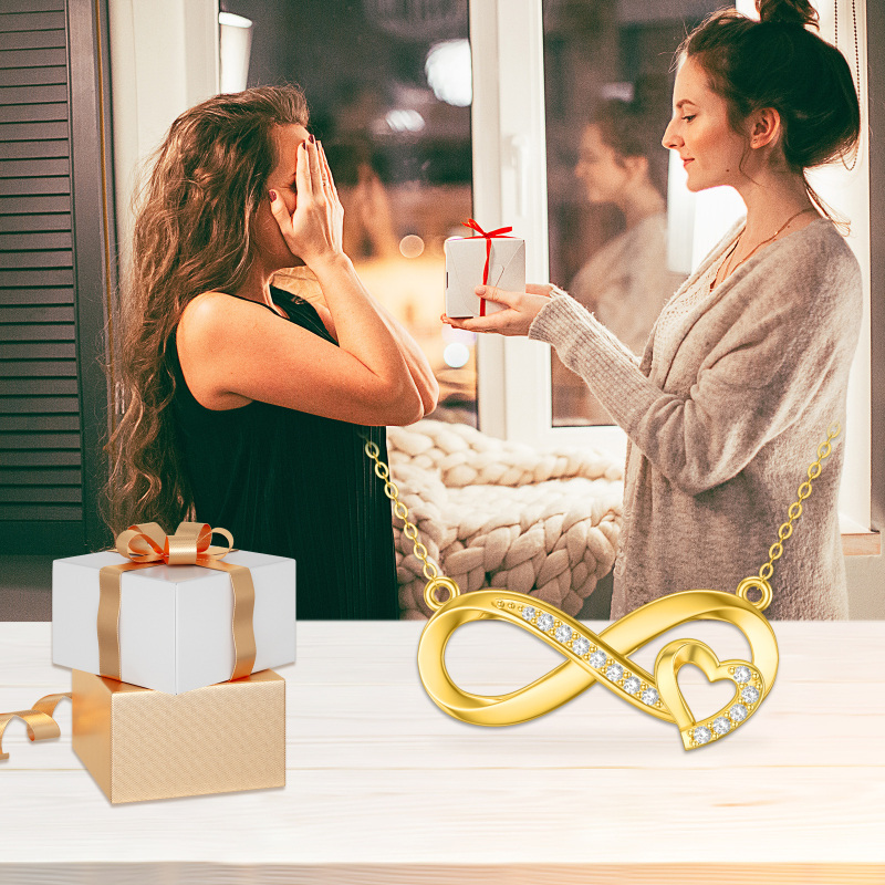 Collar con colgante de corazón y símbolo de infinito en oro blanco de 10 quilates con circonitas cúbicas-5