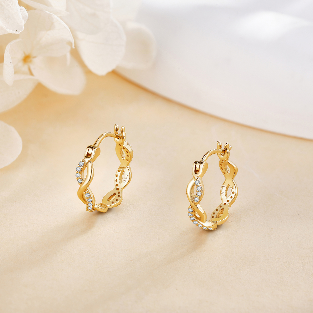 Brincos de argola com símbolo do infinito e zircônia cúbica em ouro 10K-4