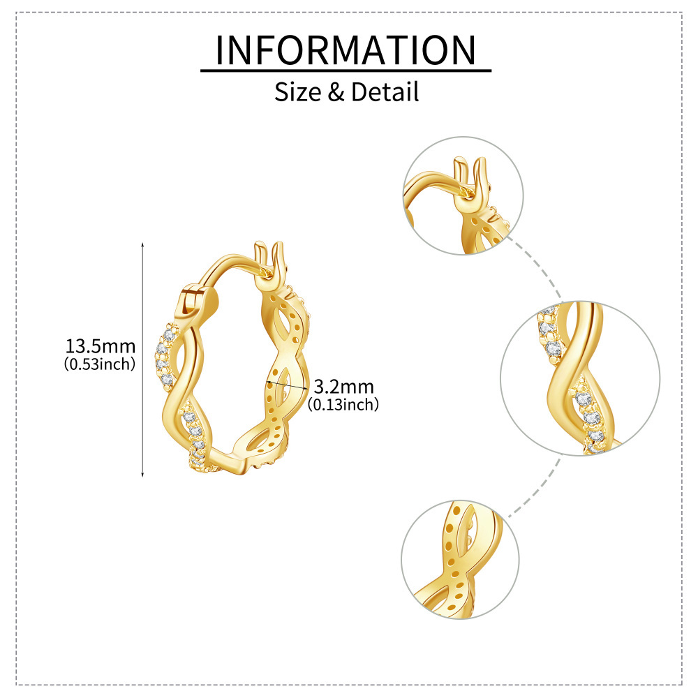 Brincos de argola com símbolo do infinito e zircônia cúbica em ouro 10K-5
