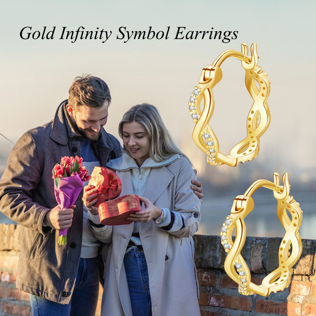Pendientes de aro con símbolo de infinito y circonita cúbica en oro de 14 quilates-6