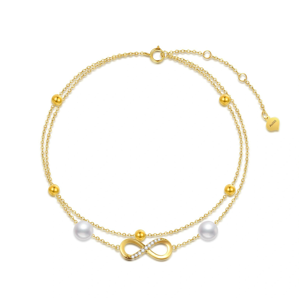 10K Gold Cubic Zirconia Pearl Bead Infinity Symbol Multi-layered Charm Anklet-1