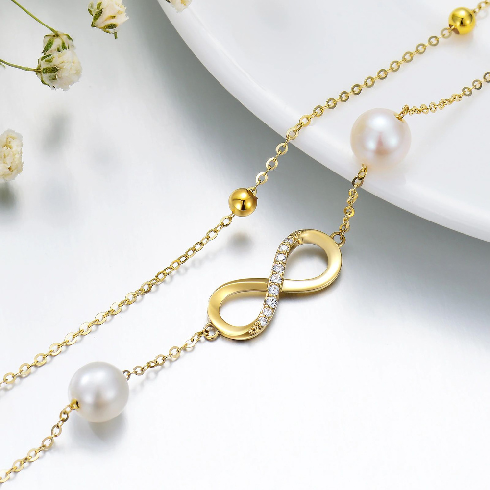 10K Gold Cubic Zirconia Pearl Bead Infinity Symbol Multi-layered Charm Anklet-2