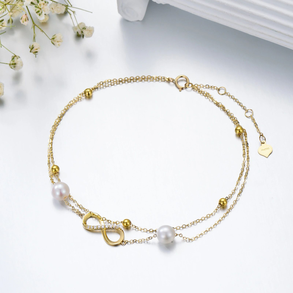 10K Gold Cubic Zirconia Pearl Bead Infinity Symbol Multi-layered Charm Anklet-3
