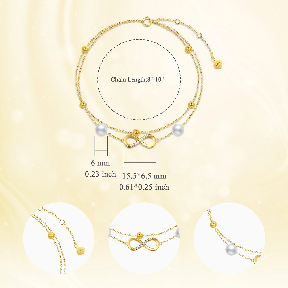 10K Gold Cubic Zirconia Pearl Bead Infinity Symbol Multi-layered Charm Anklet-4