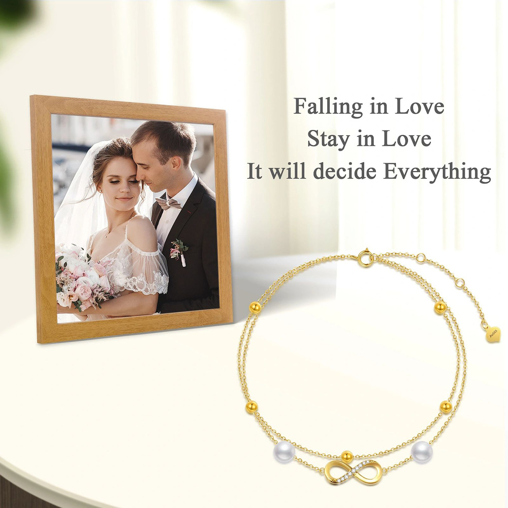 10K Gold Cubic Zirconia Pearl Bead Infinity Symbol Multi-layered Charm Anklet-5