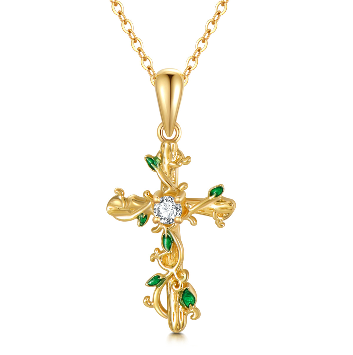 14K Gold Cubic Zirconia Ivy & Cross Pendant Necklace-1