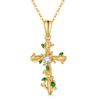 14K Gold Cubic Zirconia Ivy & Cross Pendant Necklace-2
