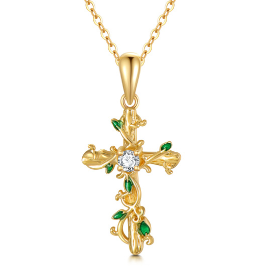 Halskette mit Efeu-Kreuz-Anhänger aus 14 Karat Gold mit Zirkonia