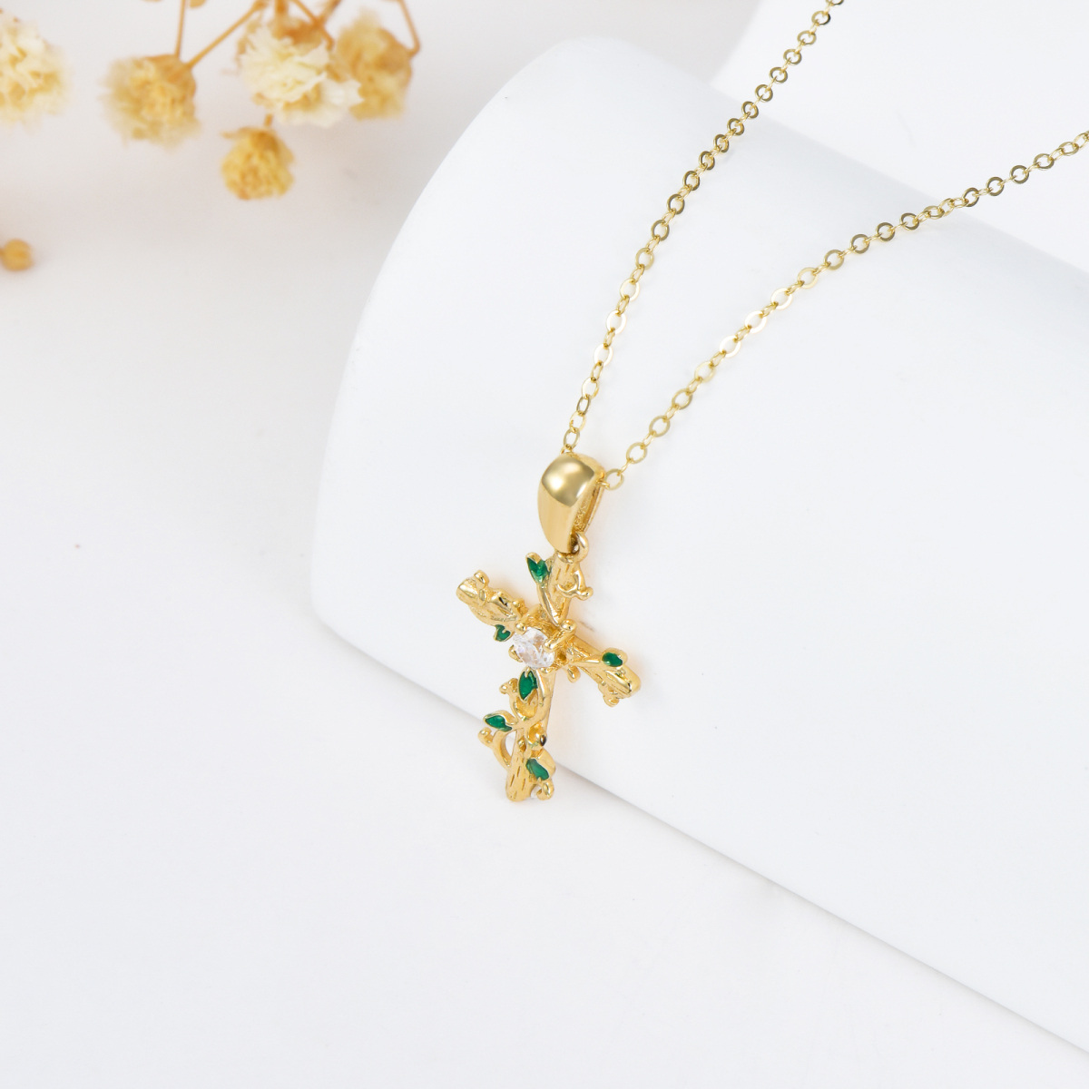 14K Gold Cubic Zirconia Ivy & Cross Pendant Necklace-3