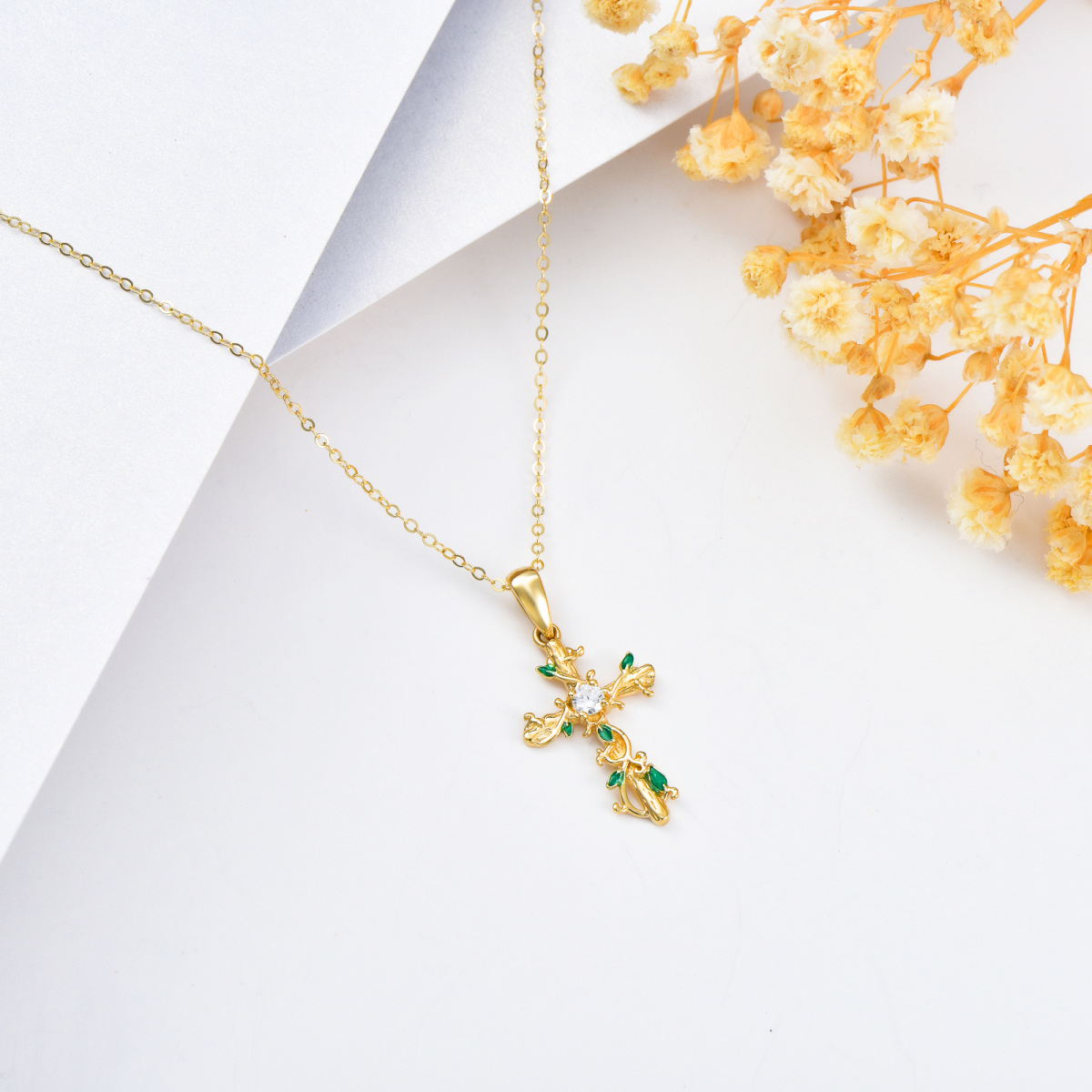 14K Gold Cubic Zirconia Ivy & Cross Pendant Necklace-4
