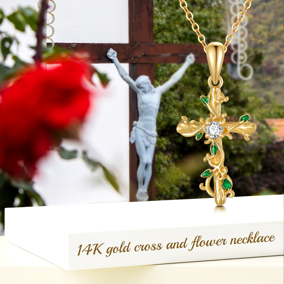 14K Gold Cubic Zirconia Ivy & Cross Pendant Necklace-6
