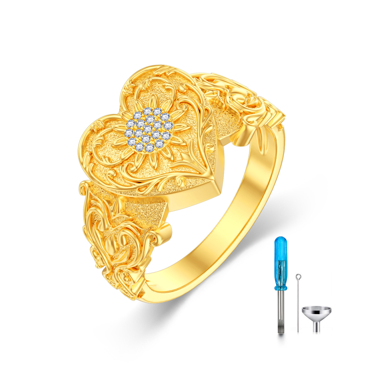 10K Gold Cubic Zirconia Ivy Heart Urn Ring for Ashes for Women-1