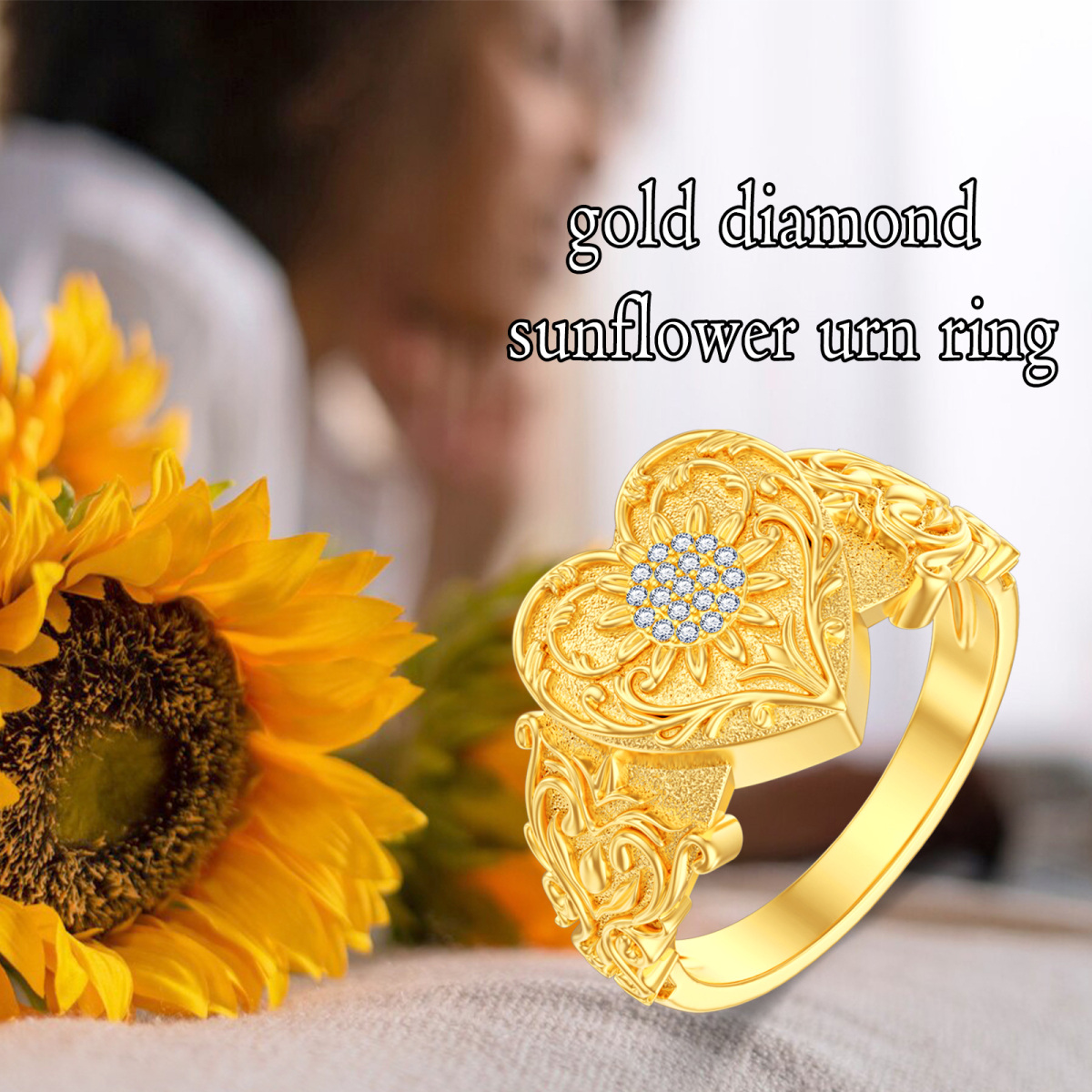 10K Gold Cubic Zirconia Ivy Heart Urn Ring for Ashes for Women-6