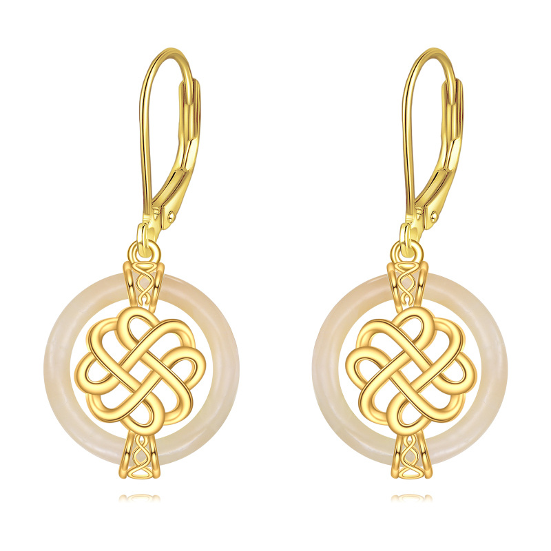 Sterling Silver with Yellow Gold Plated Jade Celtic Knot Lever-back Earrings-1