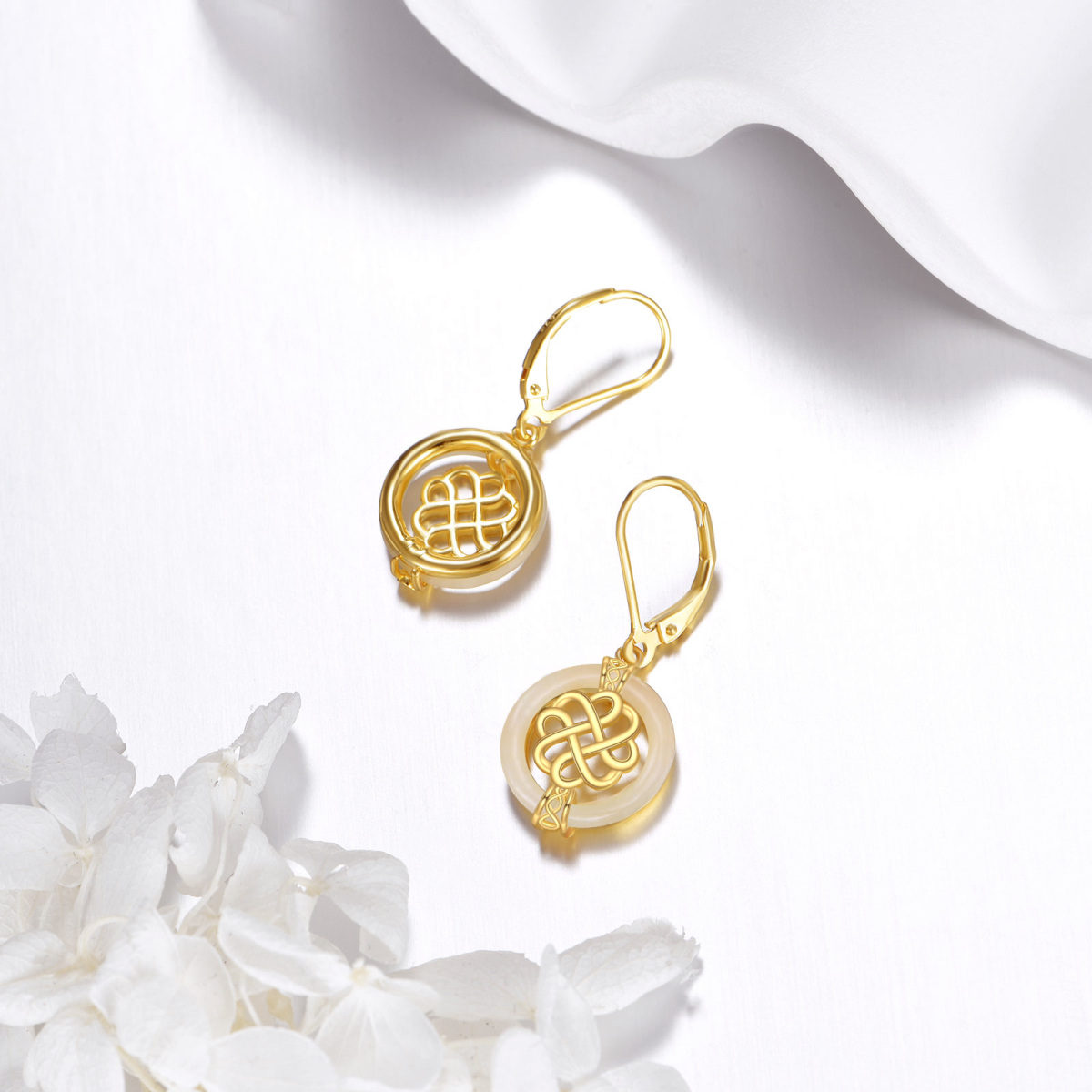 14K Gold Jade Celtic Knot Lever-back Earrings-3