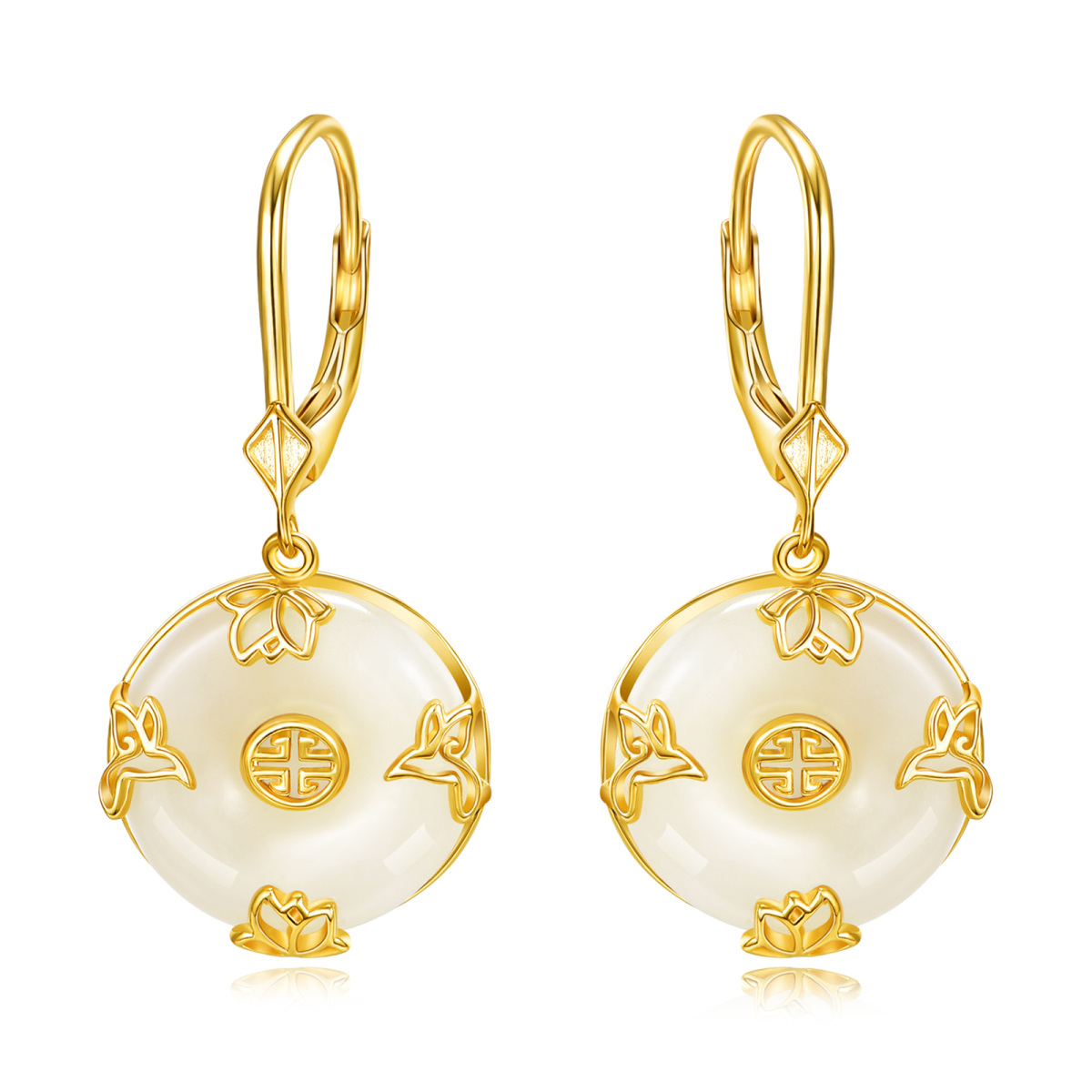 Sterling Silver with Yellow Gold Plated Jade Dove & Water Lily Lever-back Earrings-1