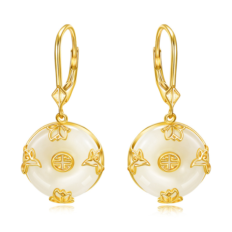 Sterling Silver with Yellow Gold Plated Jade Dove & Water Lily Lever-back Earrings-5