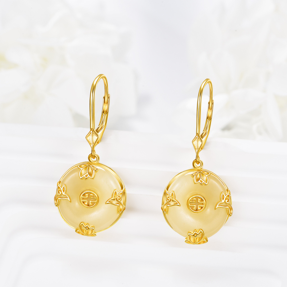 Brincos em prata de lei com jade banhado a ouro amarelo e nenúfar com alavanca-3